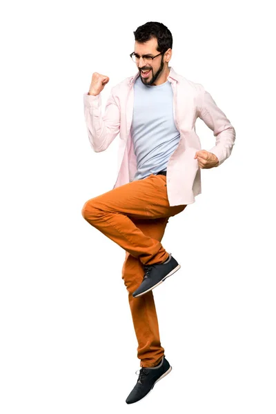 Tiro Completo Homem Bonito Com Barba Saltando Sobre Fundo Branco — Fotografia de Stock
