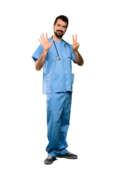 Full Length Shot Surgeon Doctor Man Counting Seven Fingers Isolated — Stock Photo, Image