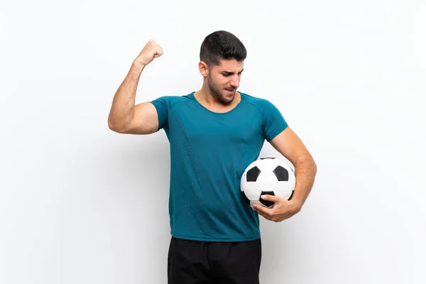 Knappe Jonge Football Speler Man Geïsoleerde Witte Muur Vieren Van — Stockfoto