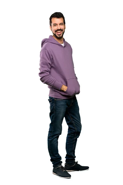 Ganzkörperaufnahme Eines Gutaussehenden Mannes Mit Sweatshirt Der Über Einem Isolierten — Stockfoto