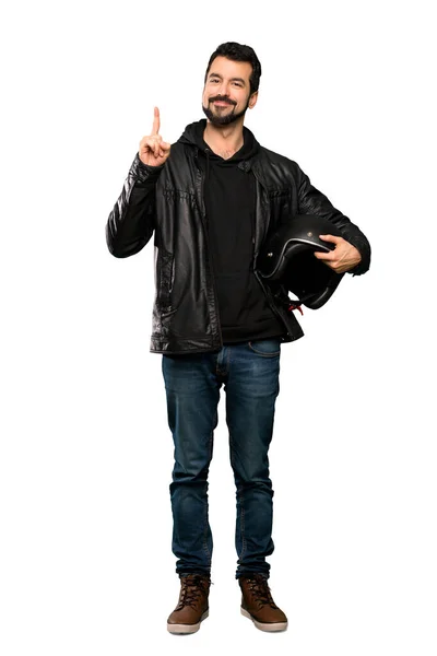 Tiro Completo Motociclista Homem Mostrando Levantando Dedo Sinal Melhor Sobre — Fotografia de Stock