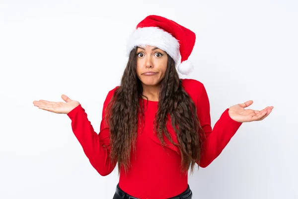 Meisje Met Kerst Hoed Geïsoleerde Witte Achtergrond Met Twijfels Met — Stockfoto