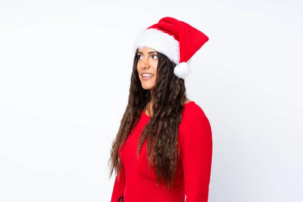 Fille Avec Chapeau Noël Sur Fond Blanc Isolé Regardant Sur — Photo