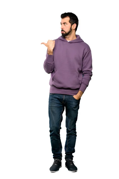 Full Length Shot Handsome Man Sweatshirt Unhappy Pointing Side Isolated — Stock Photo, Image