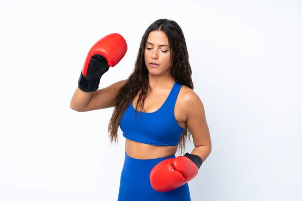 Jovem Mulher Esporte Sobre Isolado Fundo Branco Com Luvas Boxe — Fotografia de Stock