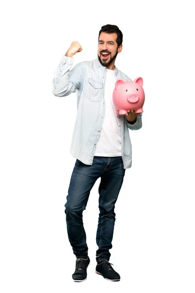 Tiro Cuerpo Entero Hombre Guapo Con Barba Sosteniendo Una Alcancía — Foto de Stock