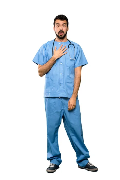 Full Length Shot Surgeon Doctor Man Surprised Shocked While Looking — Stock Photo, Image