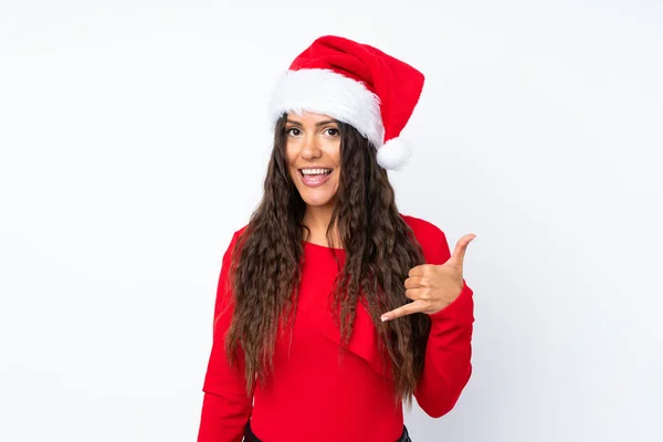 Chica Con Sombrero Navidad Sobre Fondo Blanco Aislado Haciendo Gesto —  Fotos de Stock