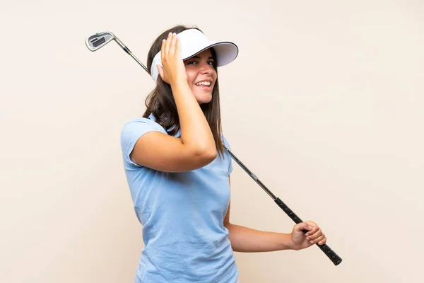 Young Golfer Woman Isolated Background Has Realized Something Intending Solution — Stock Photo, Image