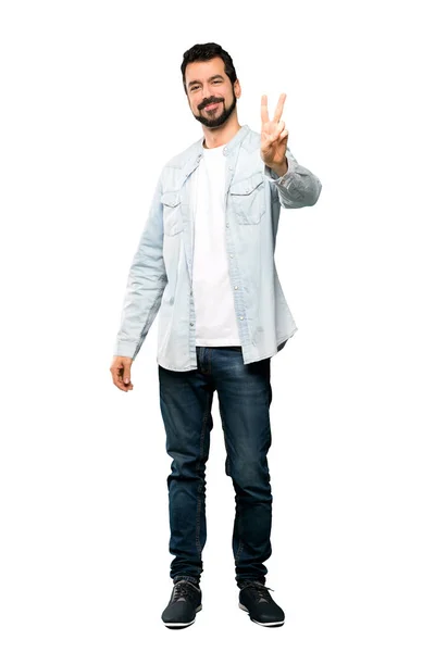 Full Length Shot Handsome Man Beard Smiling Showing Victory Sign — Stock Photo, Image