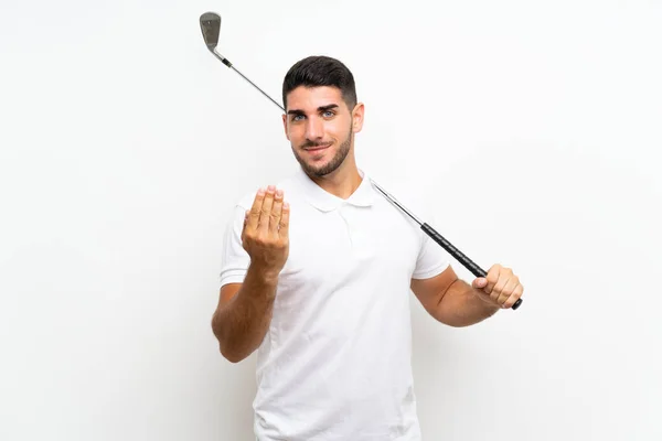 Guapo Joven Jugador Golf Hombre Sobre Fondo Blanco Aislado Invitando —  Fotos de Stock