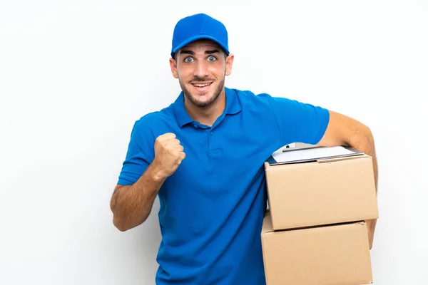 Delivery Man Isolated White Background Celebrating Victory — Stock Photo, Image