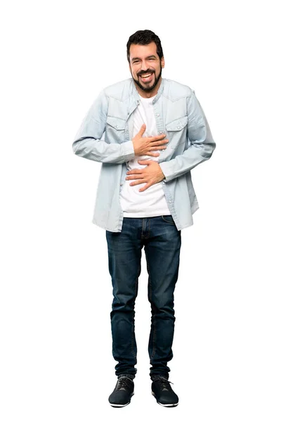 Tiro Cuerpo Entero Hombre Guapo Con Barba Sonriendo Mucho Sobre — Foto de Stock