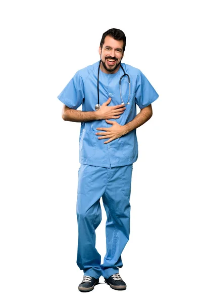 Pełnej Długości Strzał Człowieka Lekarz Chirurg Uśmiechający Się Dużo Białym — Zdjęcie stockowe