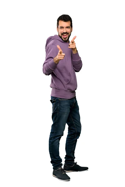 Full Length Shot Handsome Man Sweatshirt Pointing Front Smiling Isolated — Stock Photo, Image