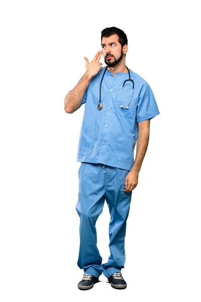 Повнометражний Знімок Лікаря Хірурга Людини Проблемами Роблять Жест Суїциду Над — стокове фото