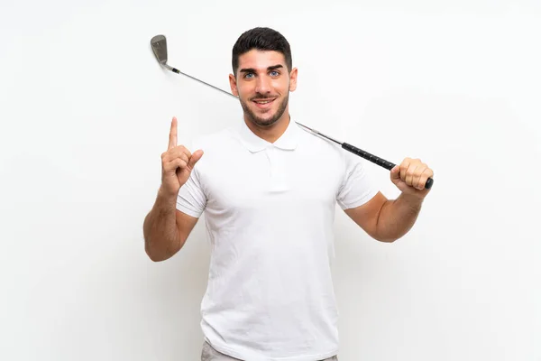 Stilig Ung Golfare Spelare Man Över Isolerad Vit Bakgrund Pekar — Stockfoto