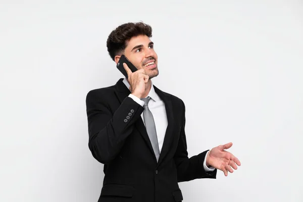 Young Businessman Mobile Phone Isolated White Background — ストック写真