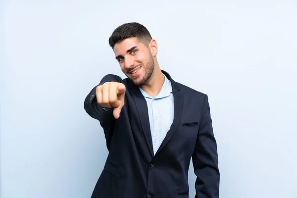 Handsome Man Isolated Blue Background Points Finger You Confident Expression — Stock Photo, Image