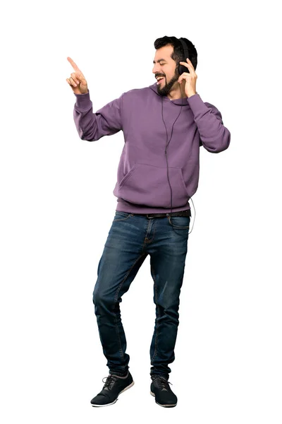 Full Length Schot Van Knappe Man Met Sweatshirt Luisteren Muziek — Stockfoto