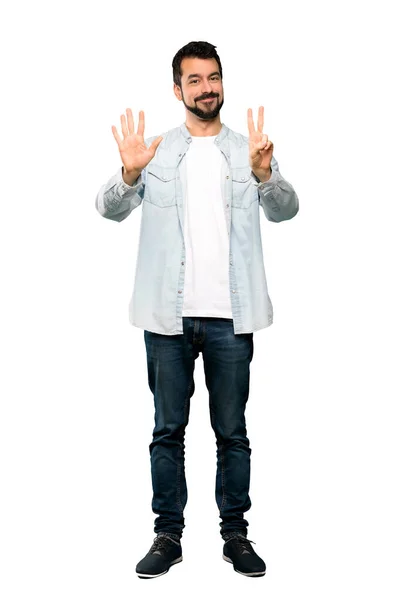 Full Length Shot Handsome Man Beard Counting Seven Fingers Isolated — Stock Photo, Image