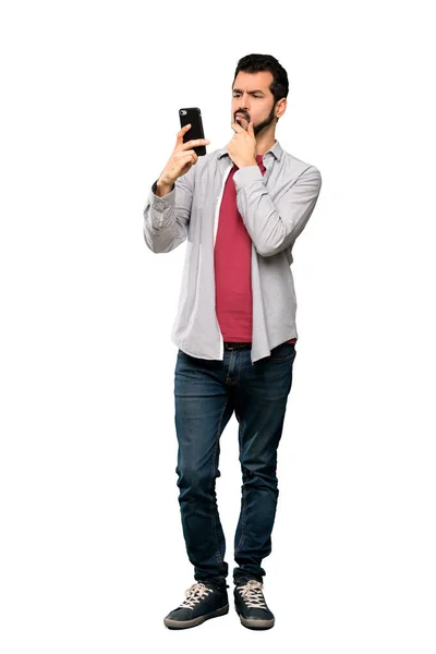 Full Length Shot Handsome Man Beard Thinking Sending Message Isolated — Stock Photo, Image