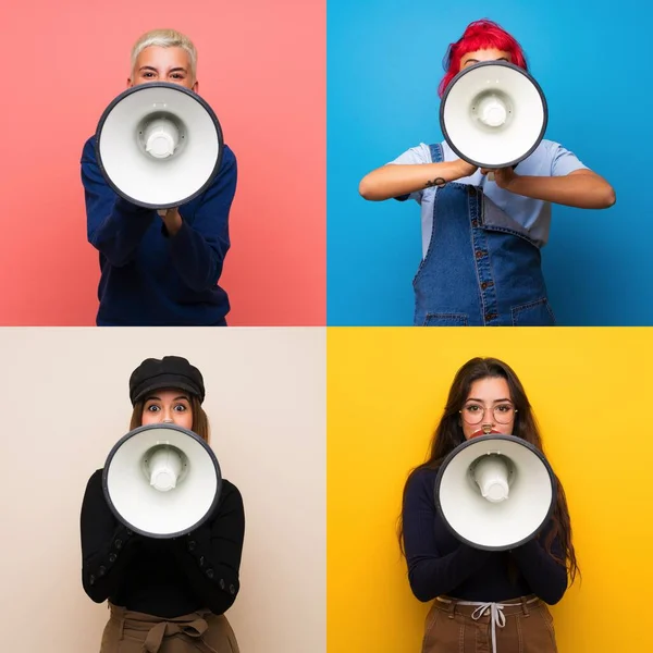 Set Vrouwen Schreeuwen Door Een Megafone — Stockfoto