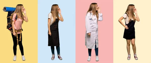 Zestaw Lekarzy Podróżników Kelnerek Pokazujący Język Przed Kamerą Śmiesznym Wyglądzie — Zdjęcie stockowe