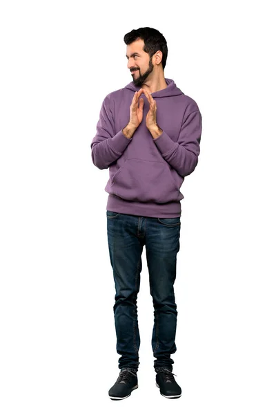 Full Length Shot Handsome Man Sweatshirt Scheming Something Isolated White — Stock Photo, Image