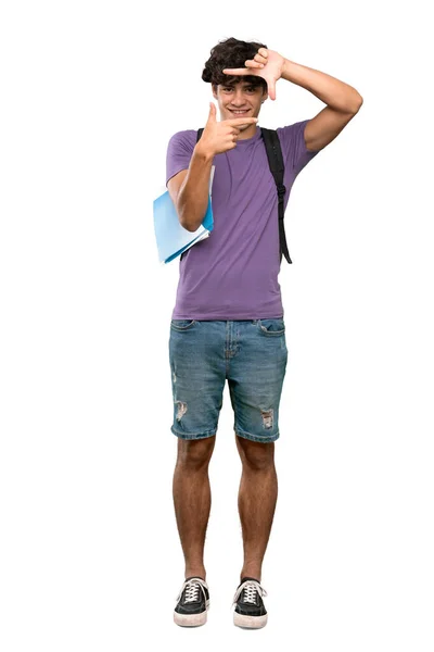 Full Length Shot Young Student Man Focusing Face Framing Symbol — Stock Photo, Image