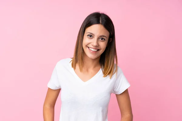 Joven Mujer Sobre Aislado Rosa Fondo Riendo —  Fotos de Stock