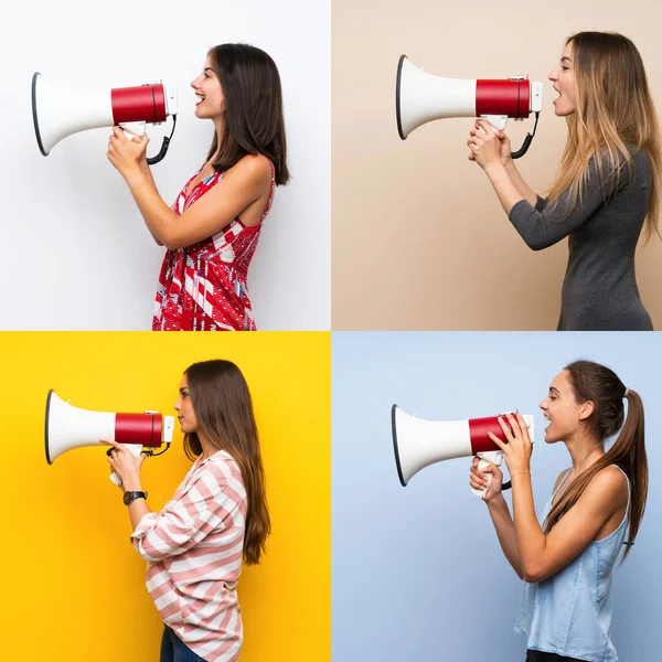 Set Vrouwen Schreeuwen Door Een Megafone — Stockfoto