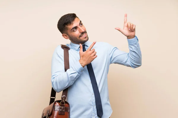 Young Business Beard Isolated Background Pointing Index Finger Great Idea — Stock Photo, Image