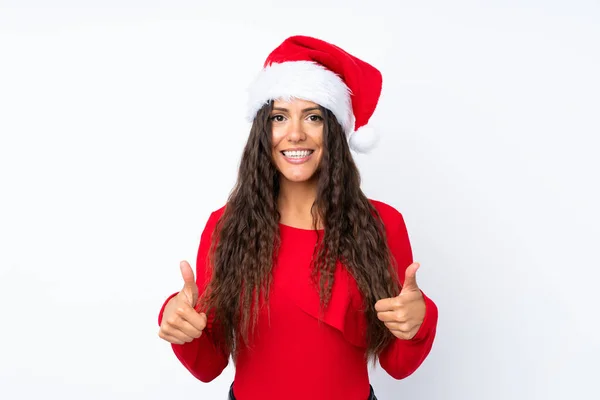 Girl Christmas Hat Isolated White Background Giving Thumbs Gesture — ストック写真