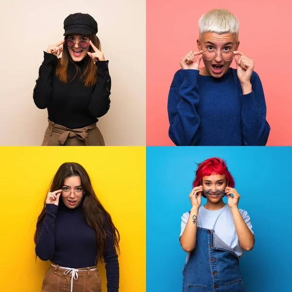 Conjunto Mujeres Con Gafas Sorprendidas —  Fotos de Stock