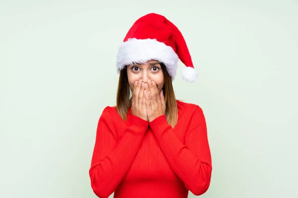 Girl Christmas Hat Isolated Green Background Surprise Facial Expression — ストック写真