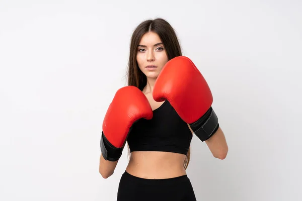 Jovem Mulher Esporte Sobre Isolado Fundo Branco Com Luvas Boxe — Fotografia de Stock