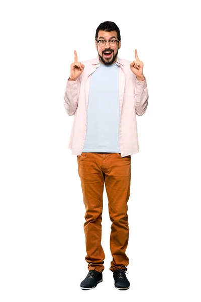 Tiro Completo Homem Bonito Com Barba Apontando Para Cima Uma — Fotografia de Stock