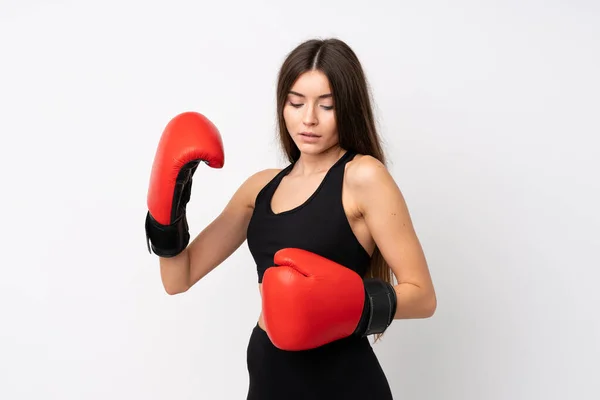 Mujer Deportiva Joven Sobre Fondo Blanco Aislado Con Guantes Boxeo —  Fotos de Stock