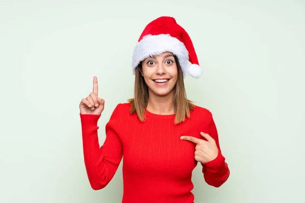 Girl Christmas Hat Isolated Green Background Surprise Facial Expression — ストック写真