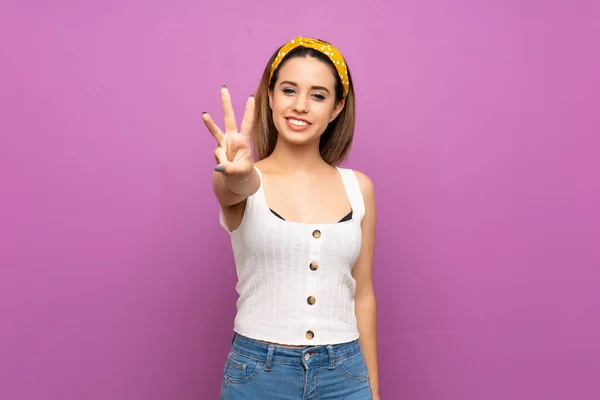 Pretty Young Woman Isolated Purple Wall Happy Counting Three Fingers — Stock Photo, Image
