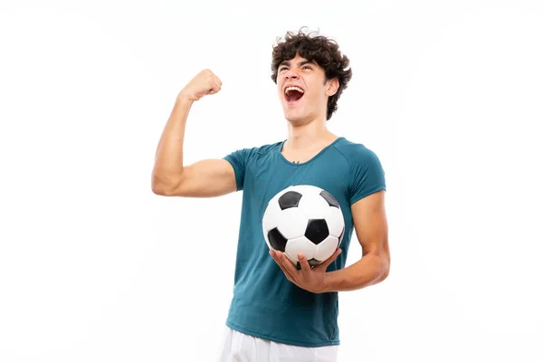 Jovem Jogador Futebol Homem Sobre Isolado Parede Branca — Fotografia de Stock