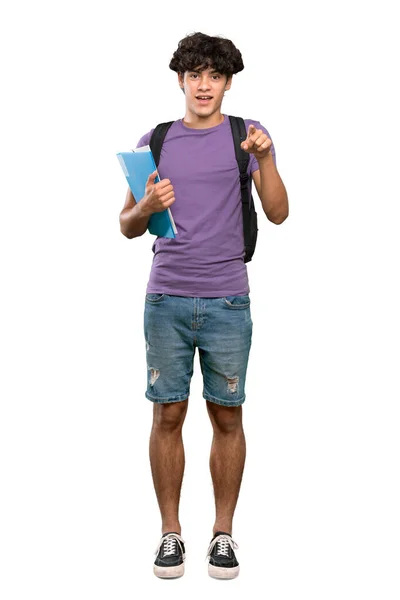 Full Length Shot Young Student Man Surprised Pointing Front Isolated — ストック写真