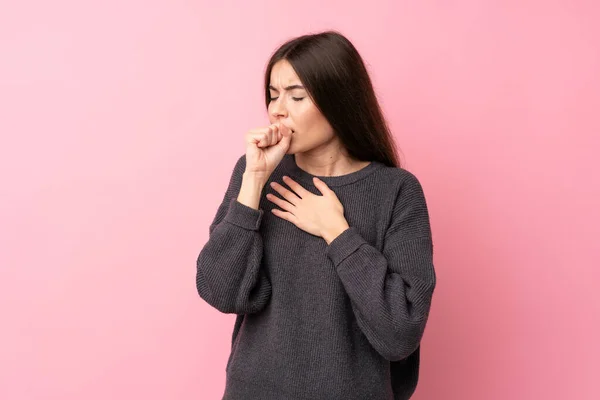 Young Woman Isolated Pink Background Suffering Cough Feeling Bad — Stock Photo, Image