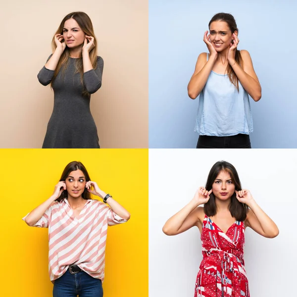 Set of women frustrated and covering ears