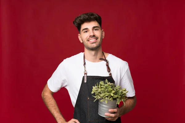 Ung Man Över Isolerad Bakgrund Tar Blomkruka — Stockfoto