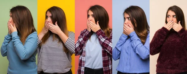 Set Woman Covering Mouth Looking Side — ストック写真