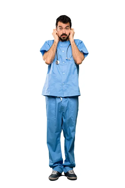 Full Length Shot Surgeon Doctor Man Frustrated Covering Ears Isolated — Stock Photo, Image