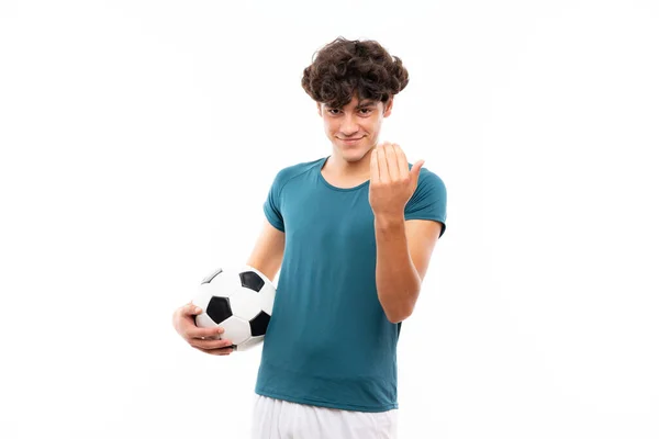 Jonge Football Speler Man Geïsoleerde Witte Muur Uitnodigen Komen Met — Stockfoto