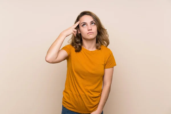 Young Blonde Girl Isolated Background Problems Making Suicide Gesture — Stock Photo, Image